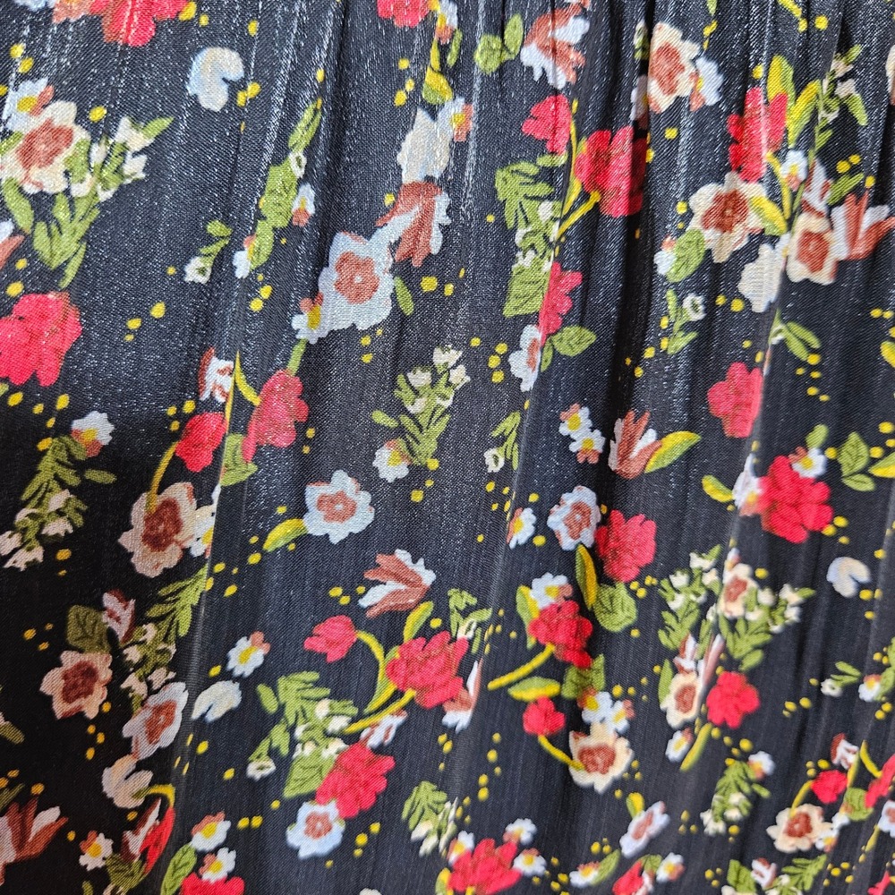 Lauren Conrad Black Floral Pleated Wrap Midi Dress XL Boho Shimmer Cottagecore - Picture 6 of 11